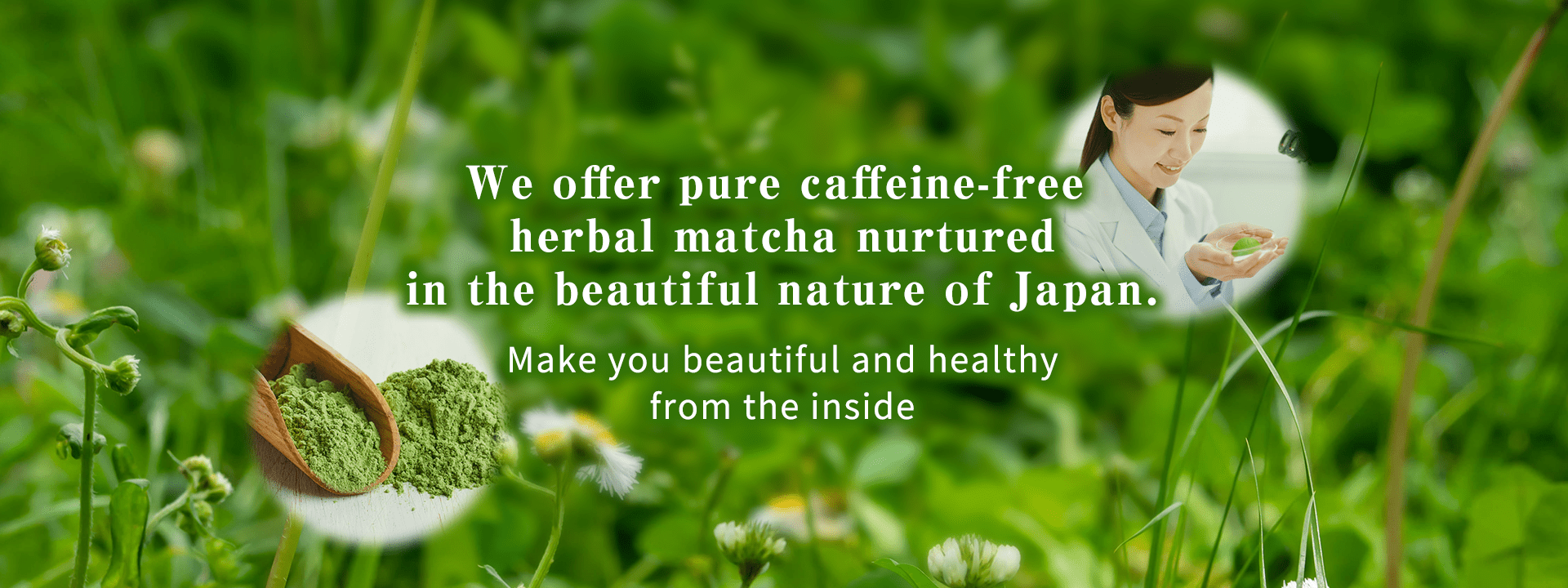 We offer pure caffeine-free herbal matcha nurtured in the beautiful nature of Japan.～Make you beautiful and healthy from the inside～